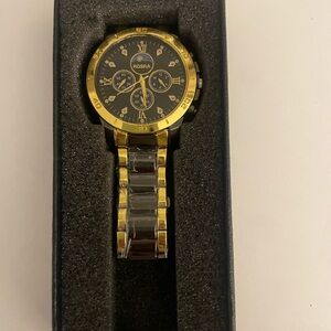 ROSRA Gold Chronograph Style Watch Black Dial Roman Numeral Crystal Luxury Men